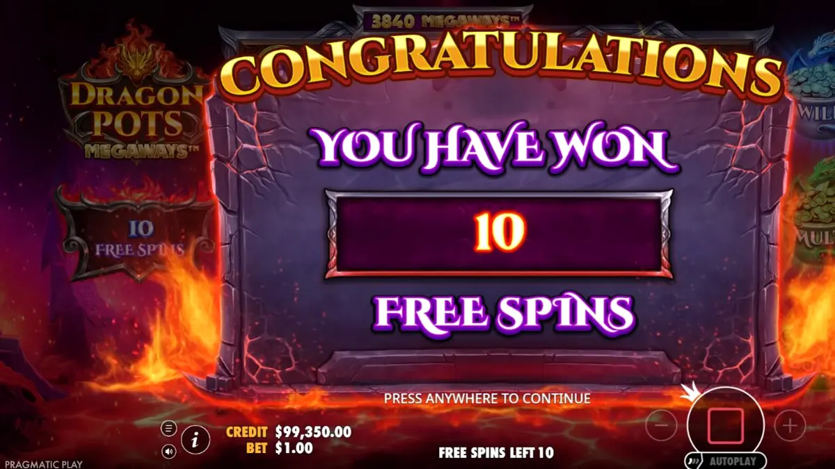 Dragon Pots Megaways slot machine interface with dragon theme