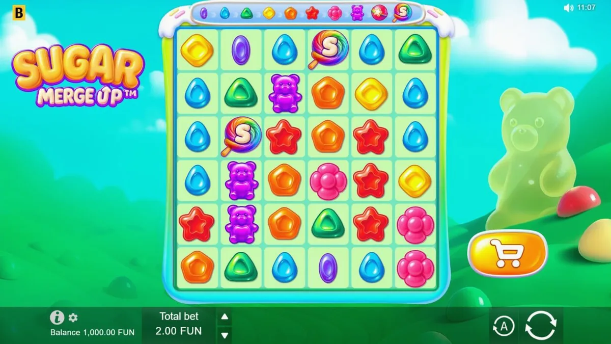 Tampilan visual penuh warna dari slot Sugar Merge Up dengan simbol permen dan beruang gummy.